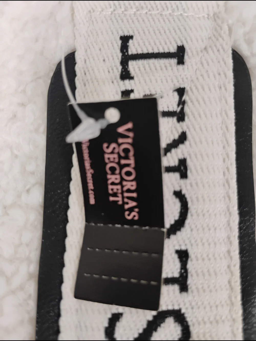 Victoria's Secret Cream Sherpa Tote with Black Trim and Logo Webbing